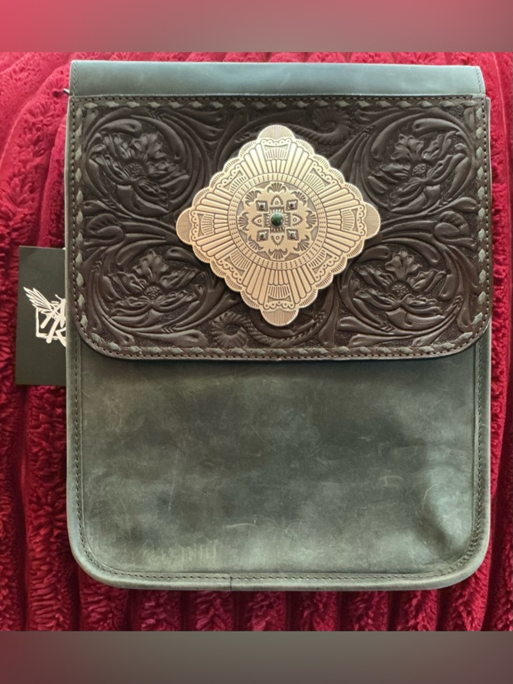 Embossed Leather Flap Messenger Bag with Concho Accent - Dark Green & Brown